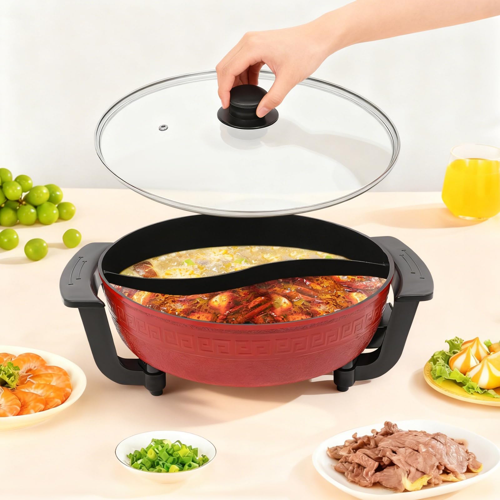 Pentola da 1360 W Hot Pot 6 L Twin Hot Pot Shabu per fonduta cinese con coperchio e 5 livelli di regolazione della temperatura per 3-4 persone