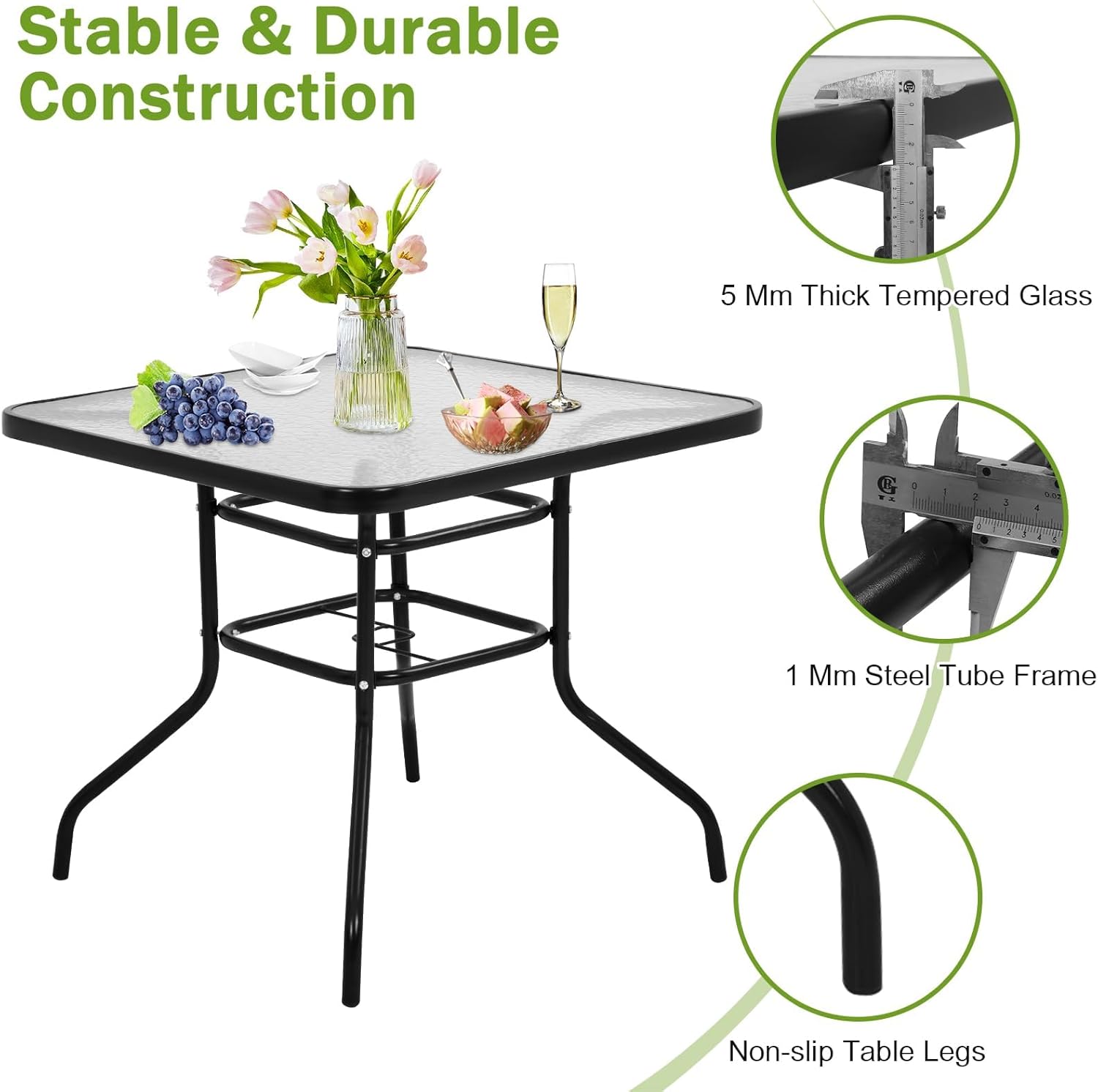 Glass Patio Table with 1.57" Umbrella Hole, 32 Inch Square Outdoor Bistro Dining Table with Tempered Glass Top & Sturdy Steel Frame for Poolside Yard Lawn Balcony (Square)