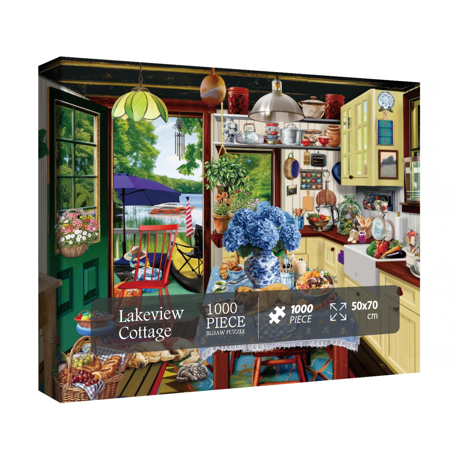 Cozy Lake Cottage Puzzle 1000 Pieces for Adults, Vintage Kitchen Cabin Jigasw Puzzles Scenic, Food Flower Plant Puzzle as Home Decor