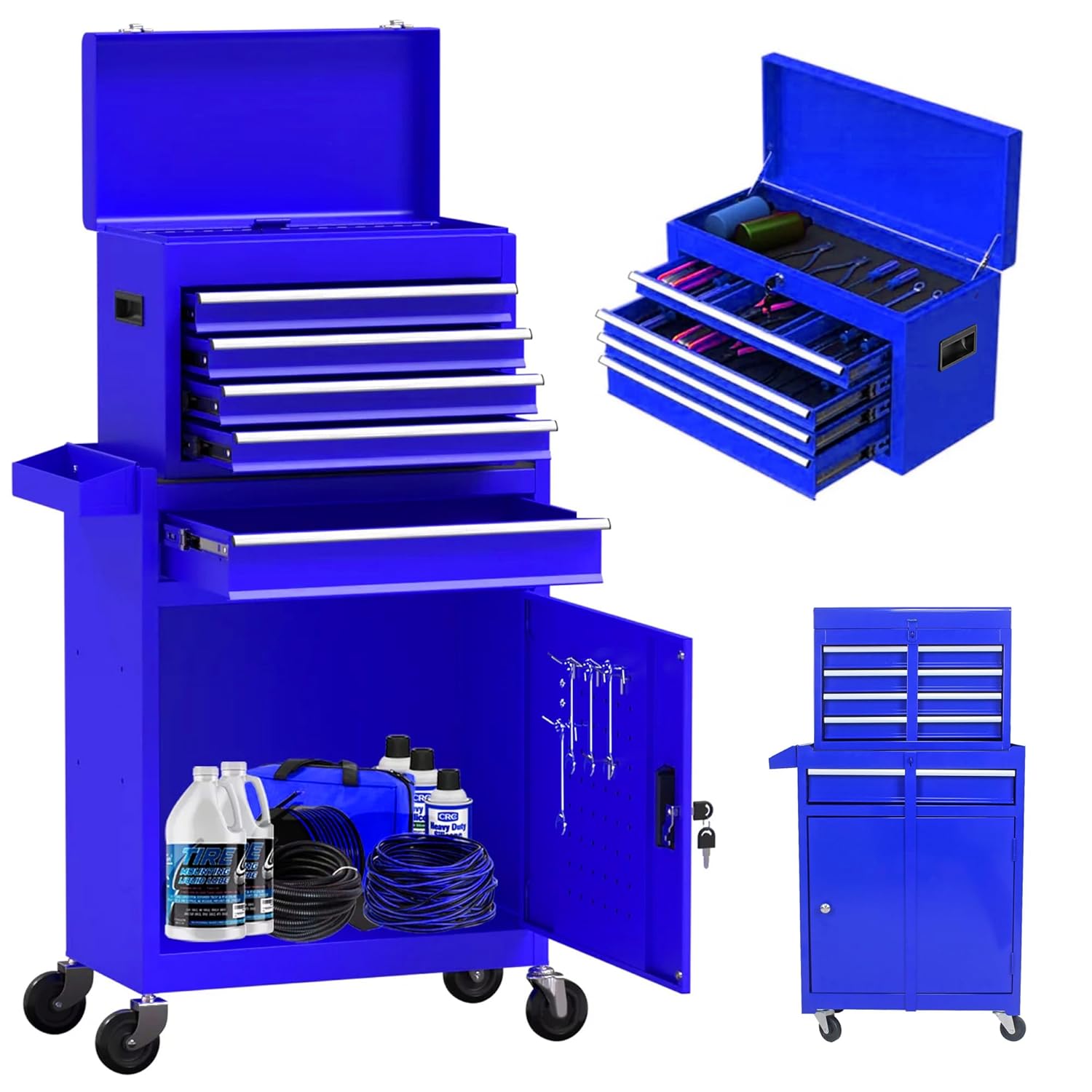 Wheels, Box, 5 Drawer Rolling Tool Chest and 2 Lockers, Detachable Storage Cabinet, for Garage Warehouse Workshop, Blue 5-Drawers Blue