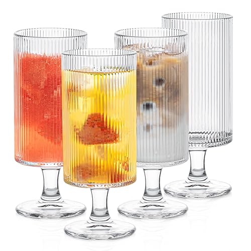 INSETLAN Set of 4 Ribbed Glass Goblets – 12oz Vertical