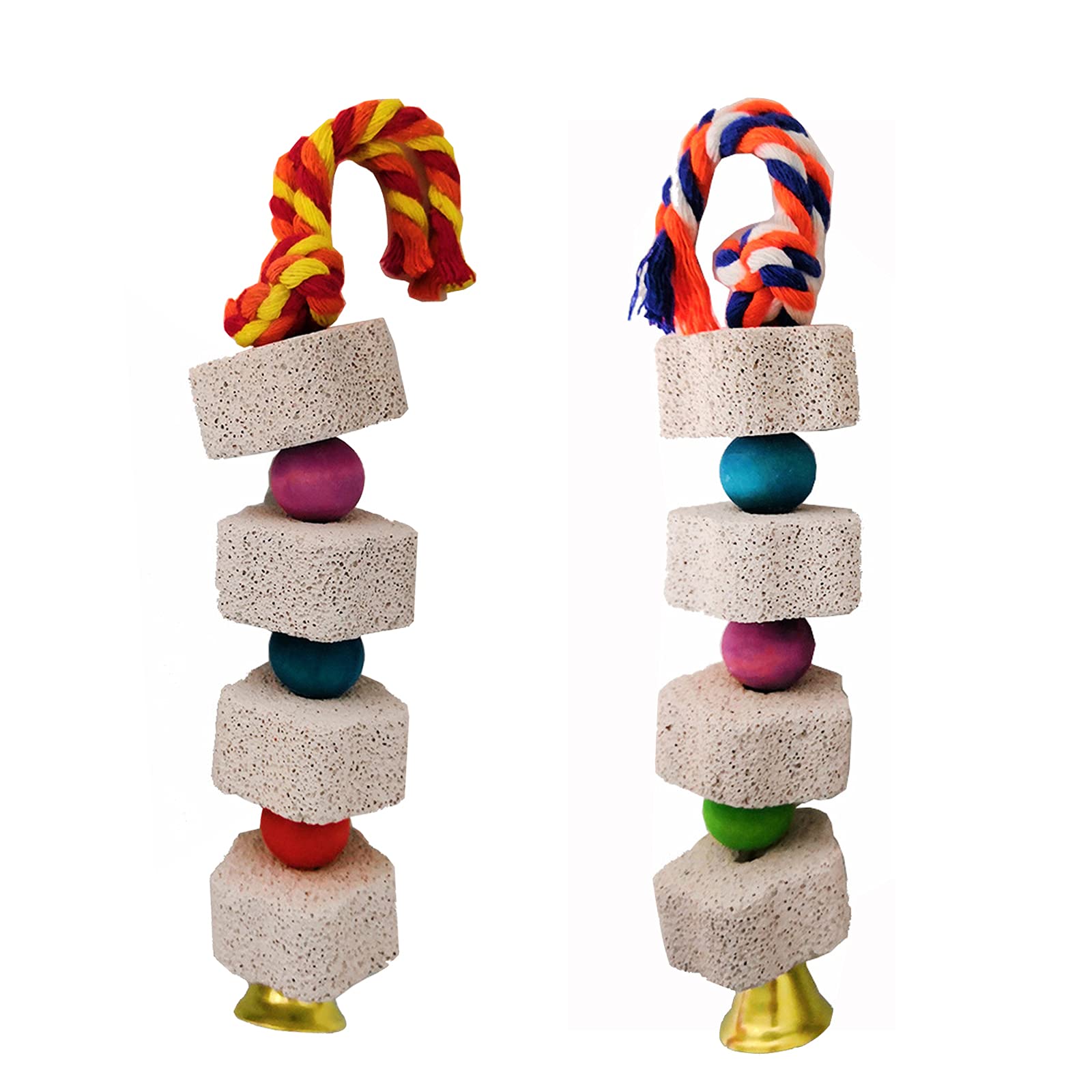 Ismeally 2Pcs Pet Bird Chew Toy Lava Stone Parrot Chewing Toy Beak Trimmer Calcium Stone with Bell for Hamster Chinchilla Rabbit Cockatiel Conure Parakeet Cockatiel
