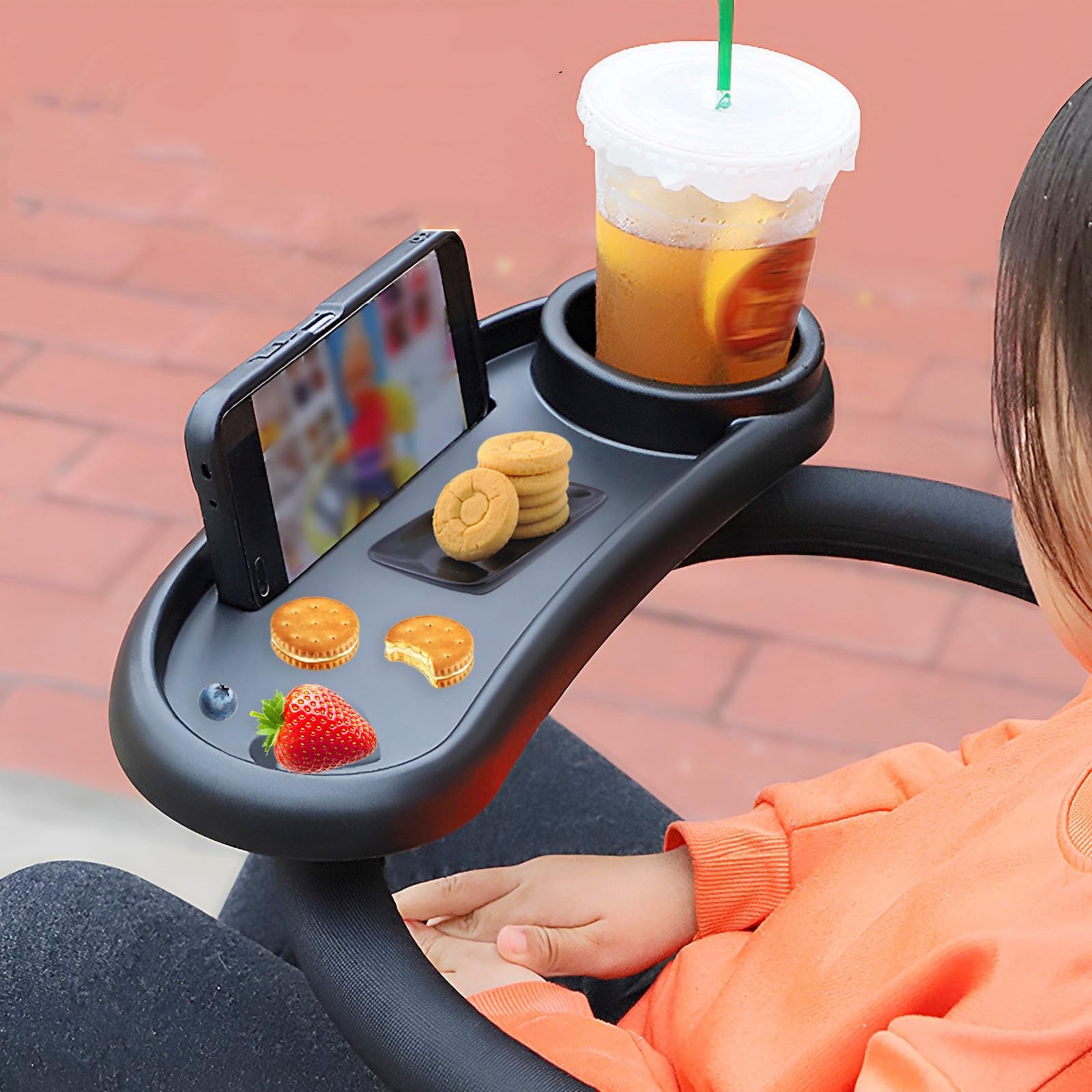 Baby Stroller Snack Tray with Cup Holder Universal Pram Food Tray Removable Reusable Storage Holder with Adjustable Buckle and Hooks for Strollers