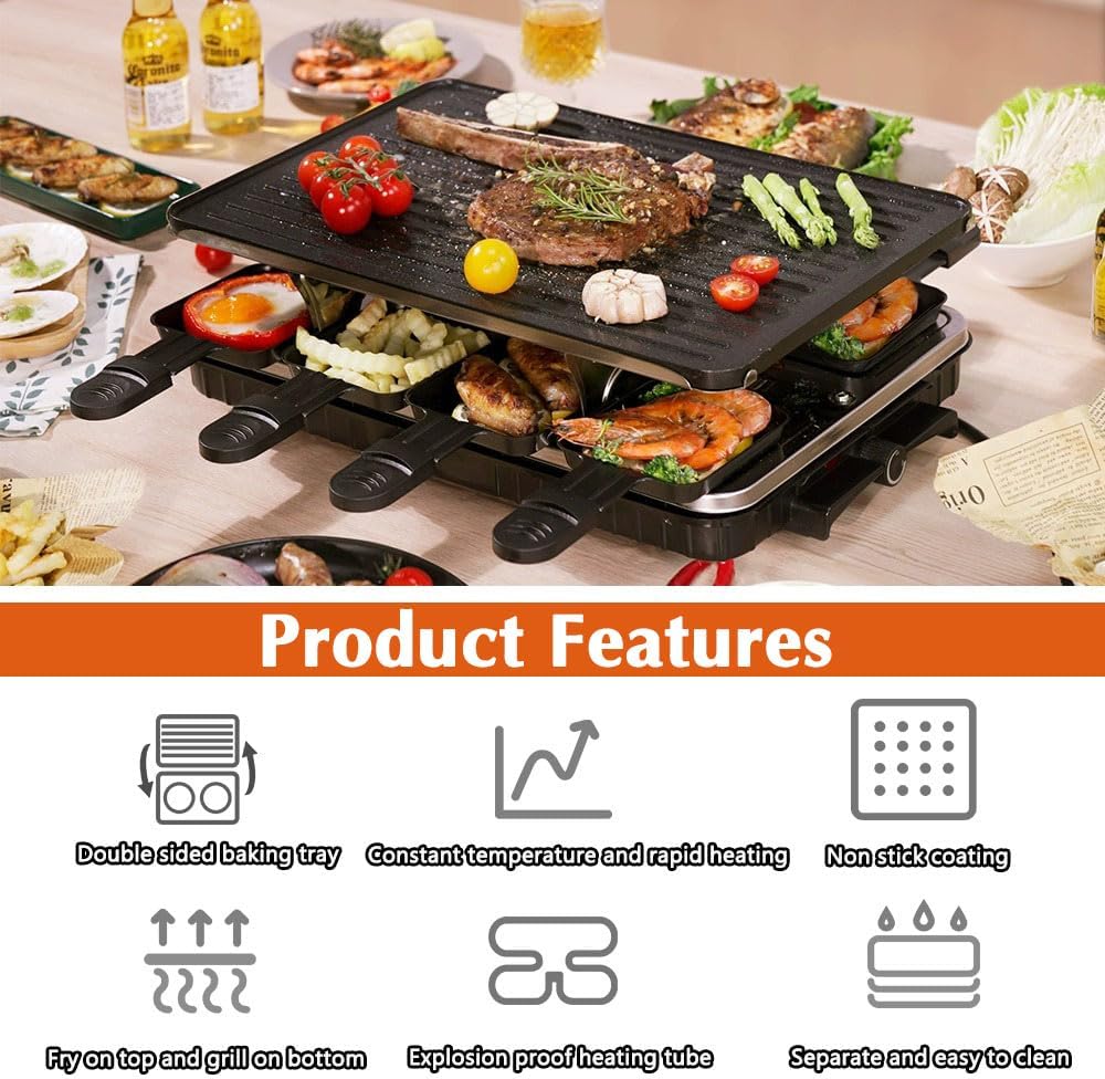 Raclette Grill, Indoor Grills Electric Smokeless Korean BBQ Grill Table, 2 in 1 Electric Griddle Nonstick with 8 Raclette Cheese Pans Adjustable Temperature Control 1300W Ideal for Family & Party Fun