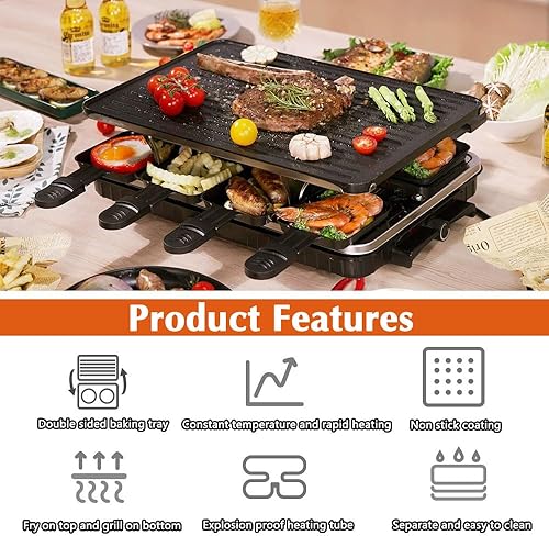 Miniatura 4 de Mesa de parrilla de interior portátil sin humo, parrilla de raclette antiadherente con 8 sartenes para queso, control de temperatura y apto para