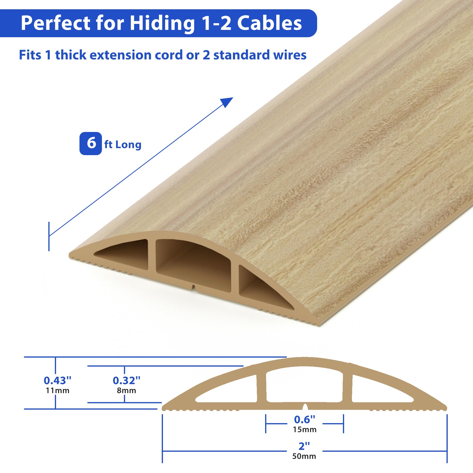 Cubierta de cable de piso de 6 pies, cable de madera de arce, cables de extensión ocultos, gestión de cables de suelo, cubierta de alambre para cables, cavidad de cable protector de cable de 0.6