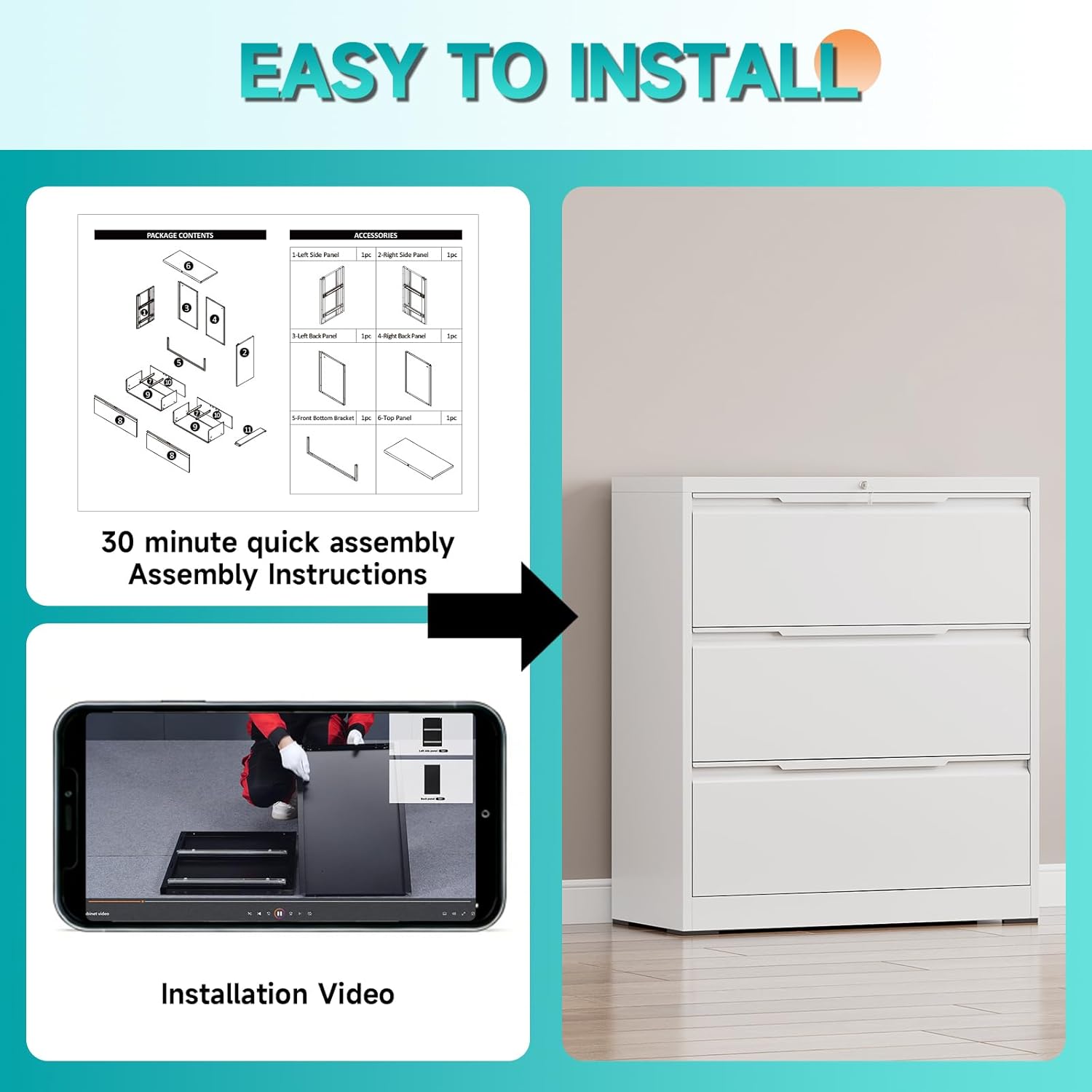 3 Drawer Lateral File Cabinet with Lock, Heavy-Duty Metal Filing Cabinet for Home Office, Steel Storage Compatible with Hanging Files Letter/Legal/F4/A4 Sizes (3 Drawer, White)