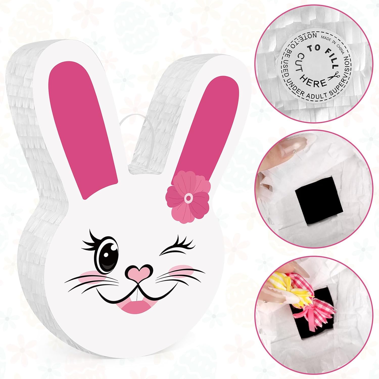 Easter Bunny Pinata - Bunny Decorations with a Blindfold and Bat for Boys Girls Animal Themed Birthday Party Kids Classroom Game Decoration Supplies (15.3 x 12.6 x 3.14 Inches)