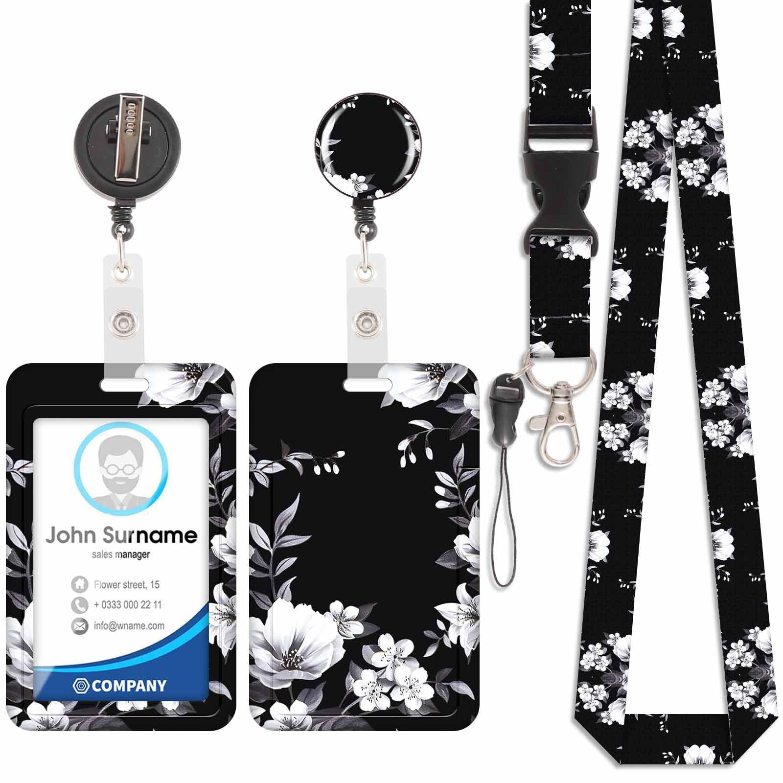 Badge Holder with Lanyard, ID Badge Holders with Detachable Cute Lanyard, Retractable Badge Reel Carabiner Clip, Personalized Vertical Card Cover Case Protector for Nurse Teacher Student (Flower-3)