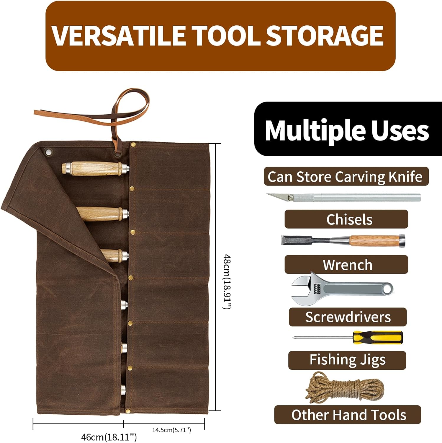 Chisel Roll,6 Pockets Roll Up Tool Pouch,Waxed Canvas Small Tool Roll Organizer and Wrench Roll Up Pouch,Store Chisel,Wrench,Pliers,Carving Knife (Brown)