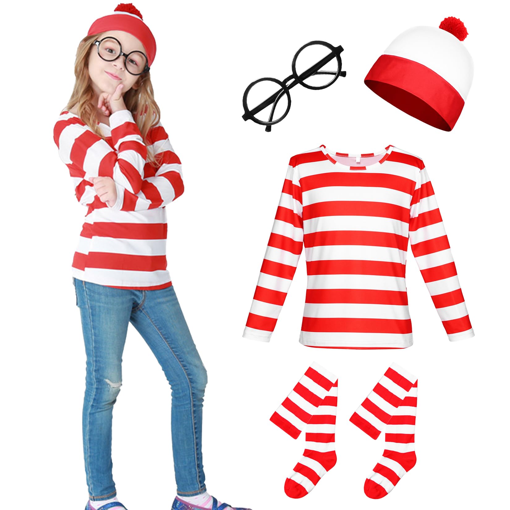 Alaiyaky Red and White Striped T-Shirt Set for Adult Kids, 90s Fancy Dress Striped Top with Beanie Hat Glasses Striped Socks, Halloween Costumes Book Day Outfit for Boys Girls Men Women (Girl, 110)