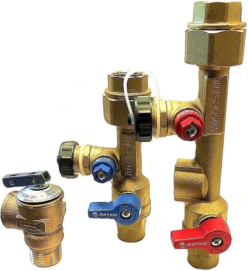 Matsui 3/4 inch, 3/4" Isolation Valve Kit with Pressure Relief Valve for Tankless Water Heater,FNPT x FNPT, Compatible with Rinnai, Jacuzzi, Rheem, Navien, Noritz, Takagi, Bosch,etc …