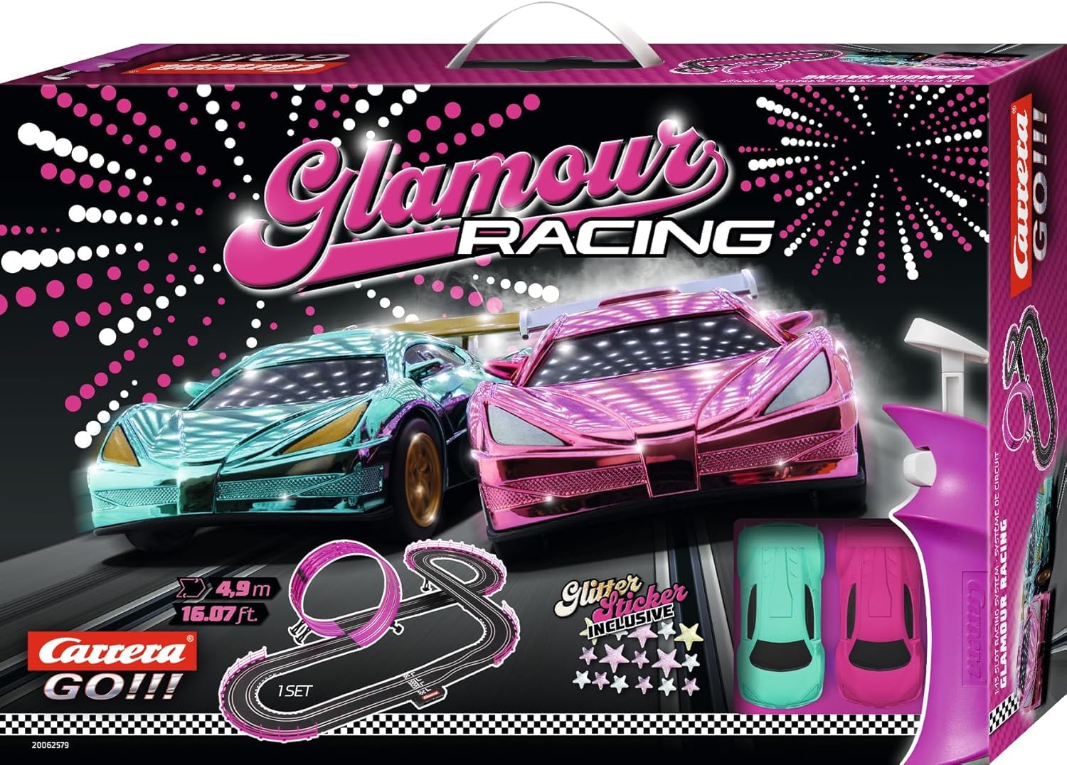 Carrera GO!!! 20062579UK Glamour Racing, 1:43 Scale, 4.9 Metres, With Chrome Cars and Glitter Stickers, Pink
