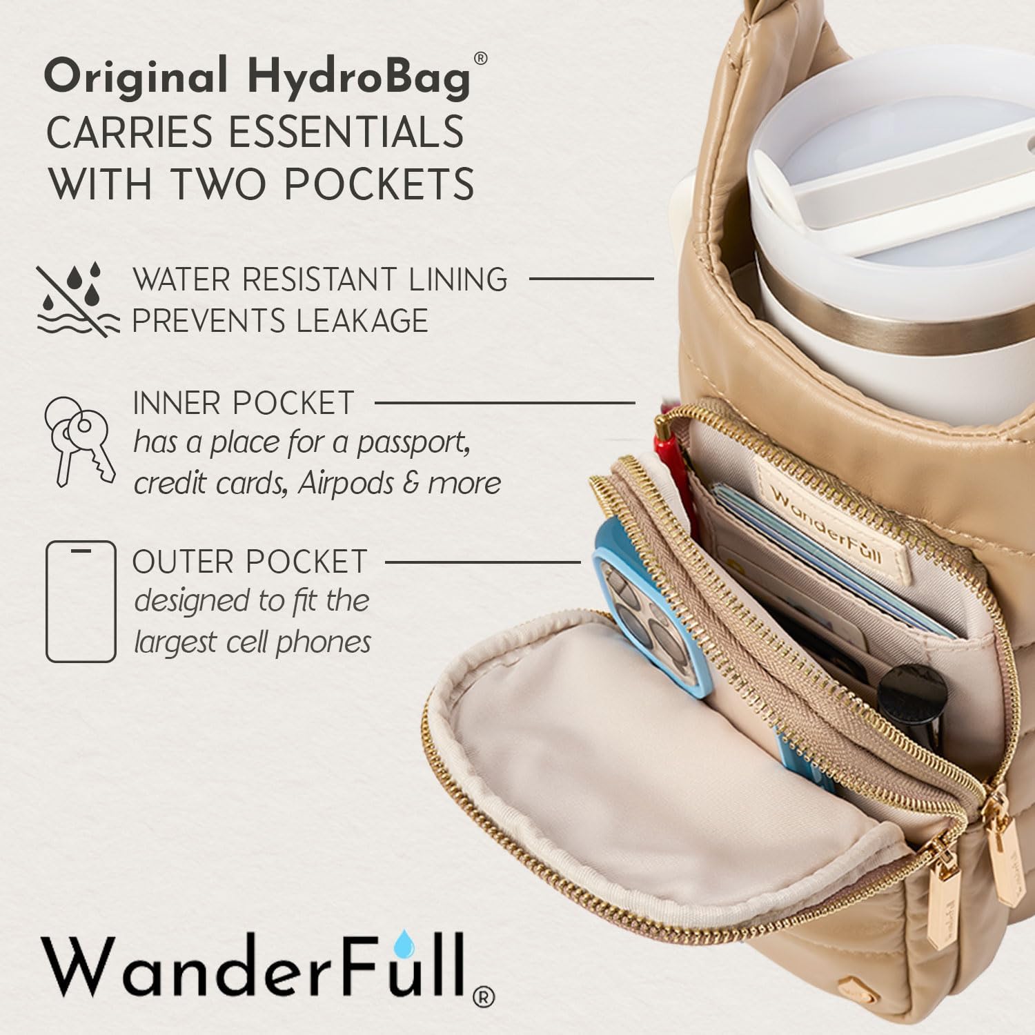 WanderFull HydroBag Handle®, Vegan Leather Hands-Free Crossbody 40 Oz Water Bottle Carrier w/Strap Bundle