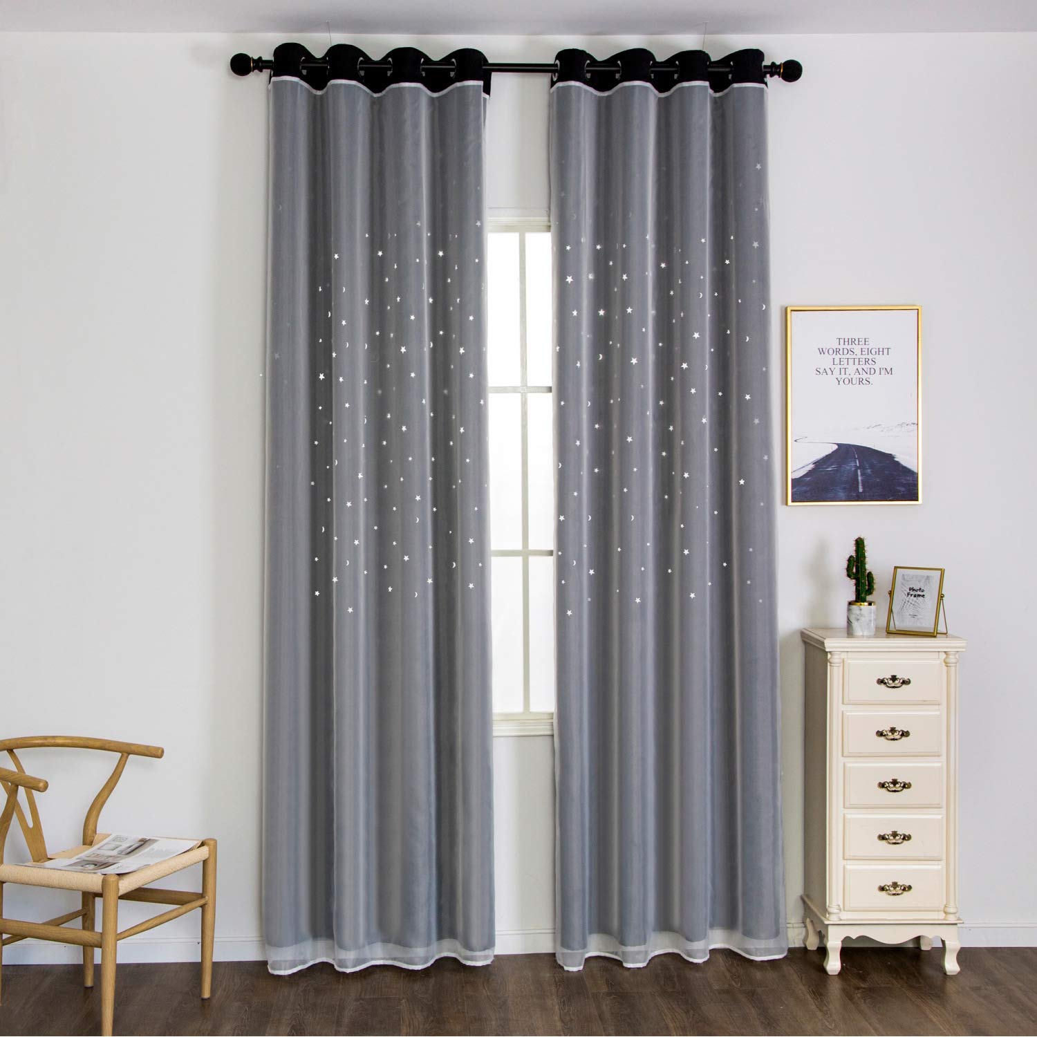 Thermal Blackout Curtains for Bedroom, Winter Energy Saving/Summer Sun Blocking/Noise Reducing Window Curtain for Living Room, Set of 2 Eyelets Curtains. (Black,55"X63"(140X160cm))