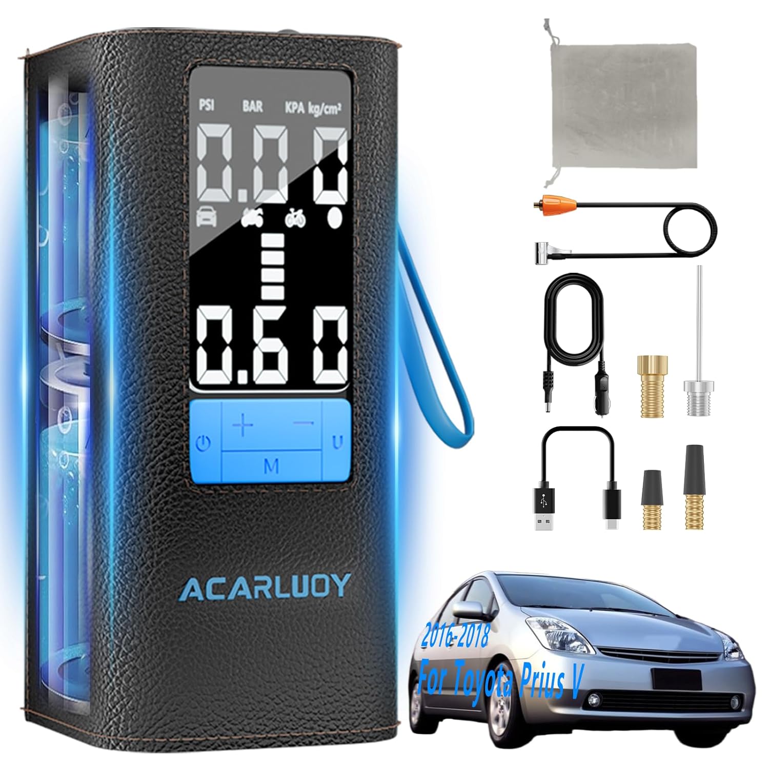 Portable Air Compressor for Car Tires - 3X Faster Inflation Fit for Toyota Prius V 2016-2018 6000mAh Battery