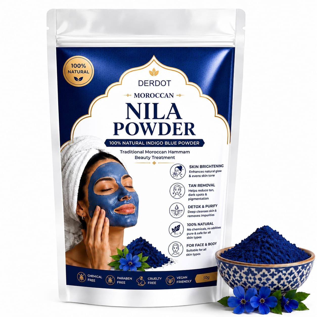 Moroccan Nila Powder – 100% Natural Indigo Blue Powder for Skin Brightening, Tan Removal & Detox | Traditional Moroccan Hammam Beauty Treatment | Face & Body Care (50gm)-image-37