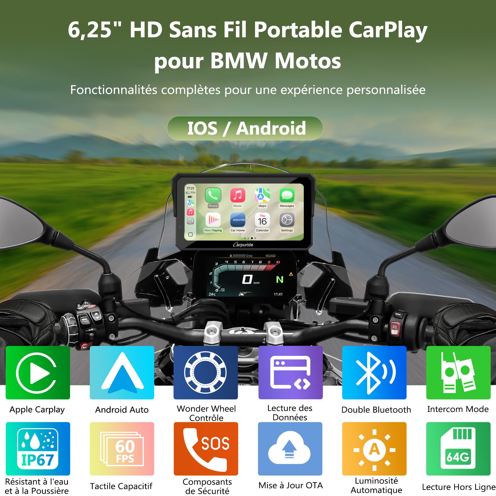 Carpuride W602BS Pro Carplay Écran pour BMW Motos, Natif Wonder Wheel Contrôle & Données Lecture, Sans Fil CarPlay & Android Auto, 6,25" Étanche Tactile Écran, OTA, Double Bluetooth, Interphone, Navi.
