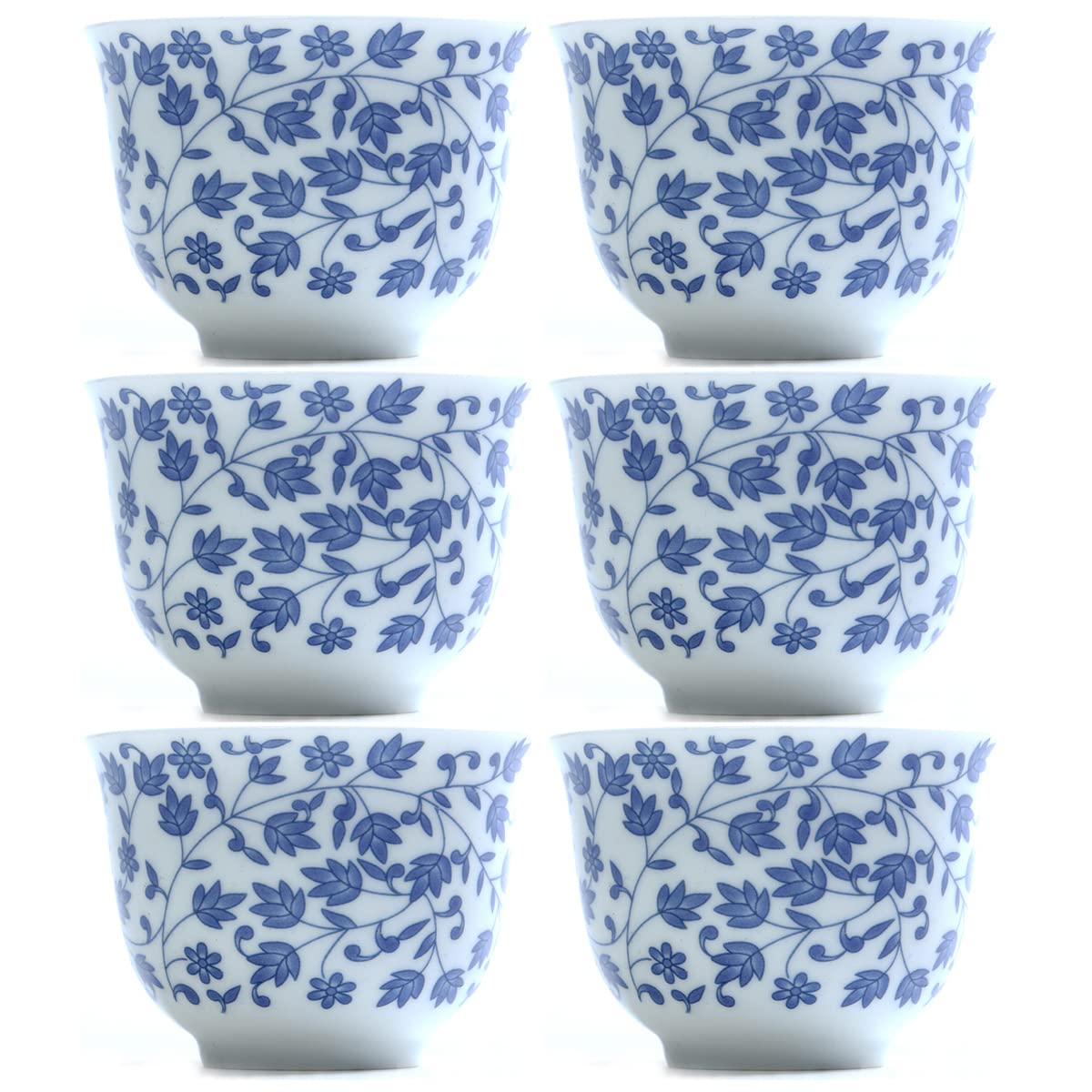 Sizikato Set of 6 Blue and White Porcelain Tea Cups, 5 Oz Kung Fu Tea Cups, Chinese Liquor Cups