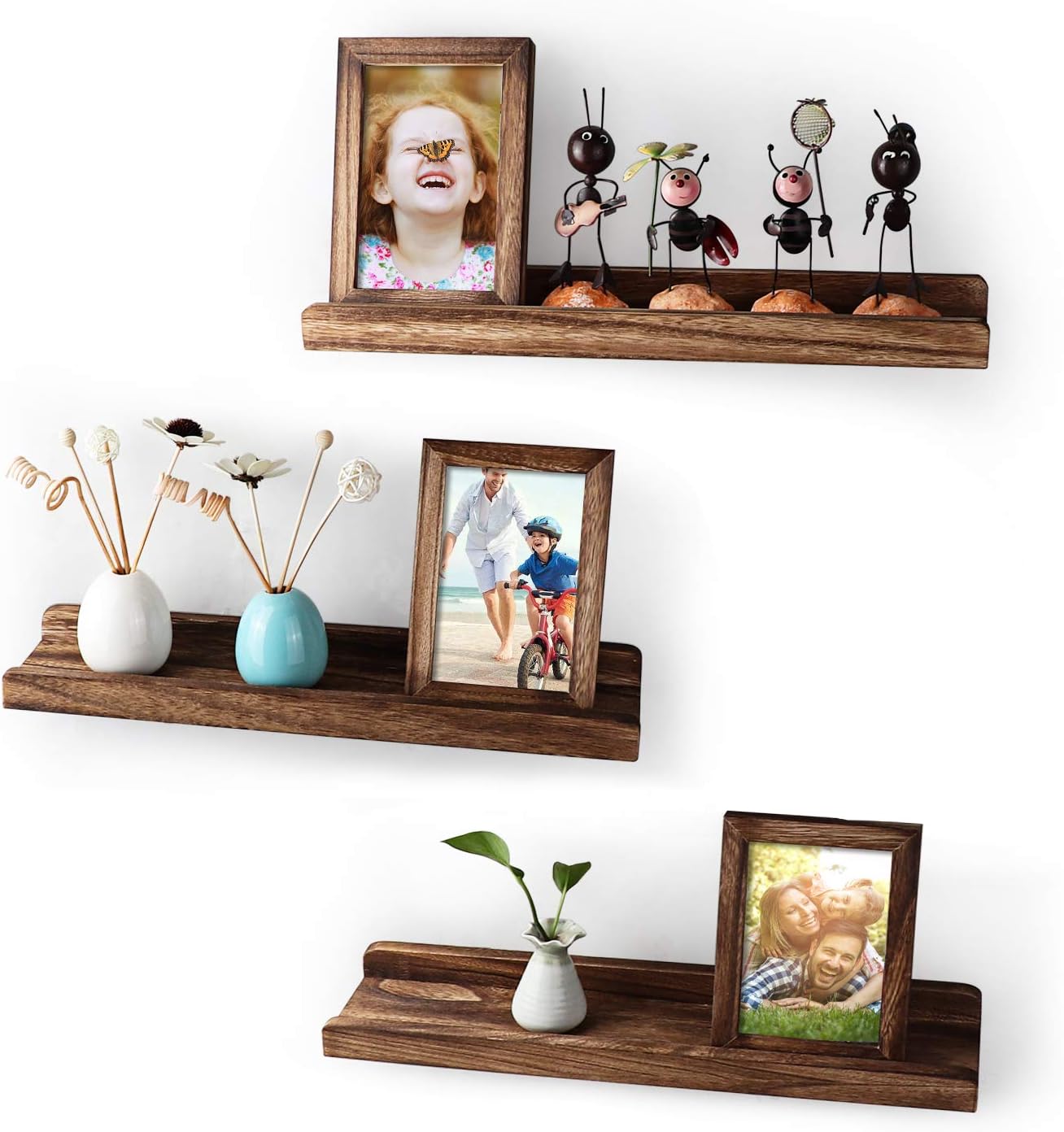 Emfogo Floating Shelves for Wall Set of 3 16 Inch, Rustic Wall Mounted Picture Ledge Wooden Wall Shelf for Living Room Bedroom Kitchen Bathroom(Carbonized Black)