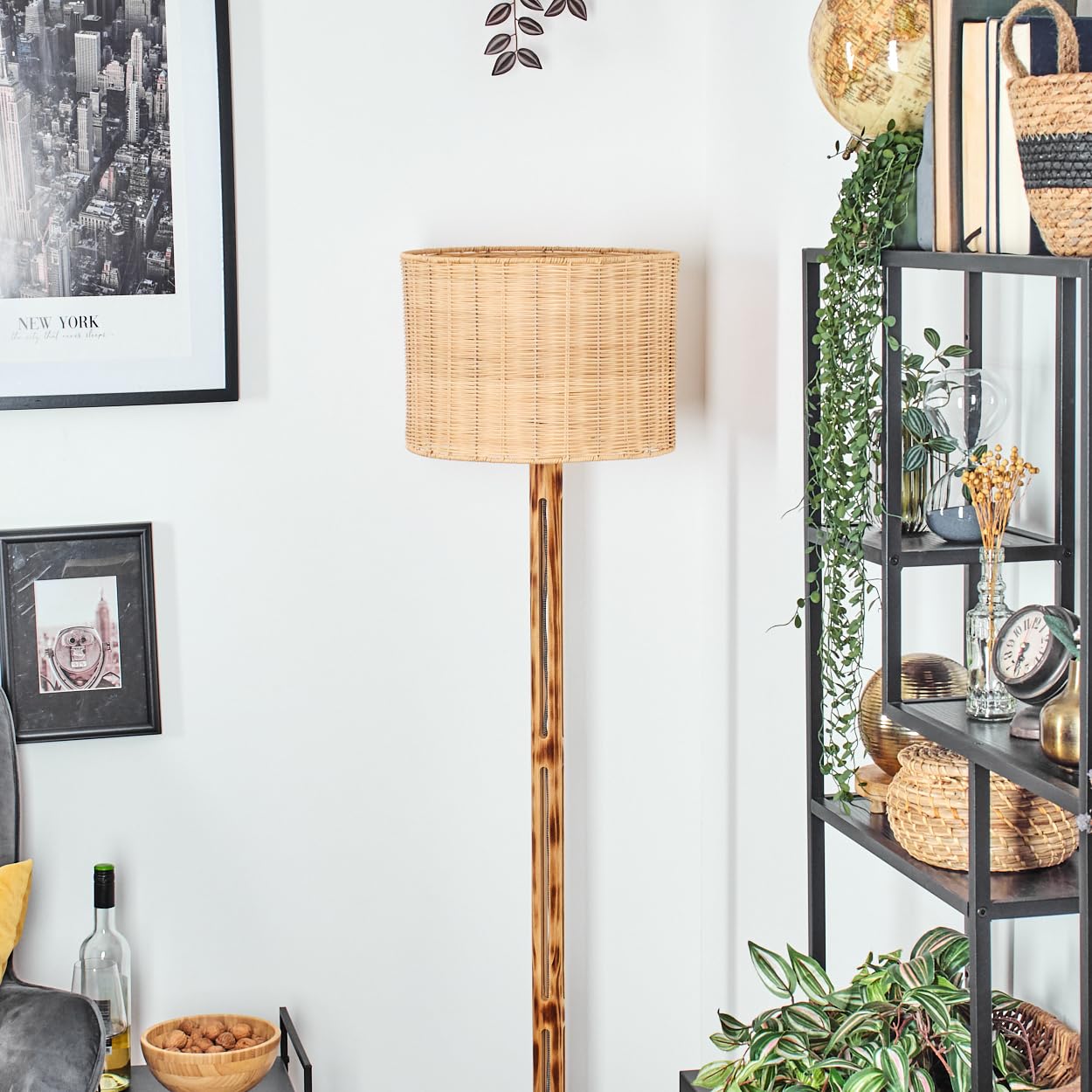 HOFSTEIN Lampadaire Cavaca, au design scandinave, style bohème avec abat-jour en osier/rotin, Ø 40 cm, E27, hauteur 158 cm, avec interrupteur à pied - salon, chambre à coucher, salle à manger, bureau