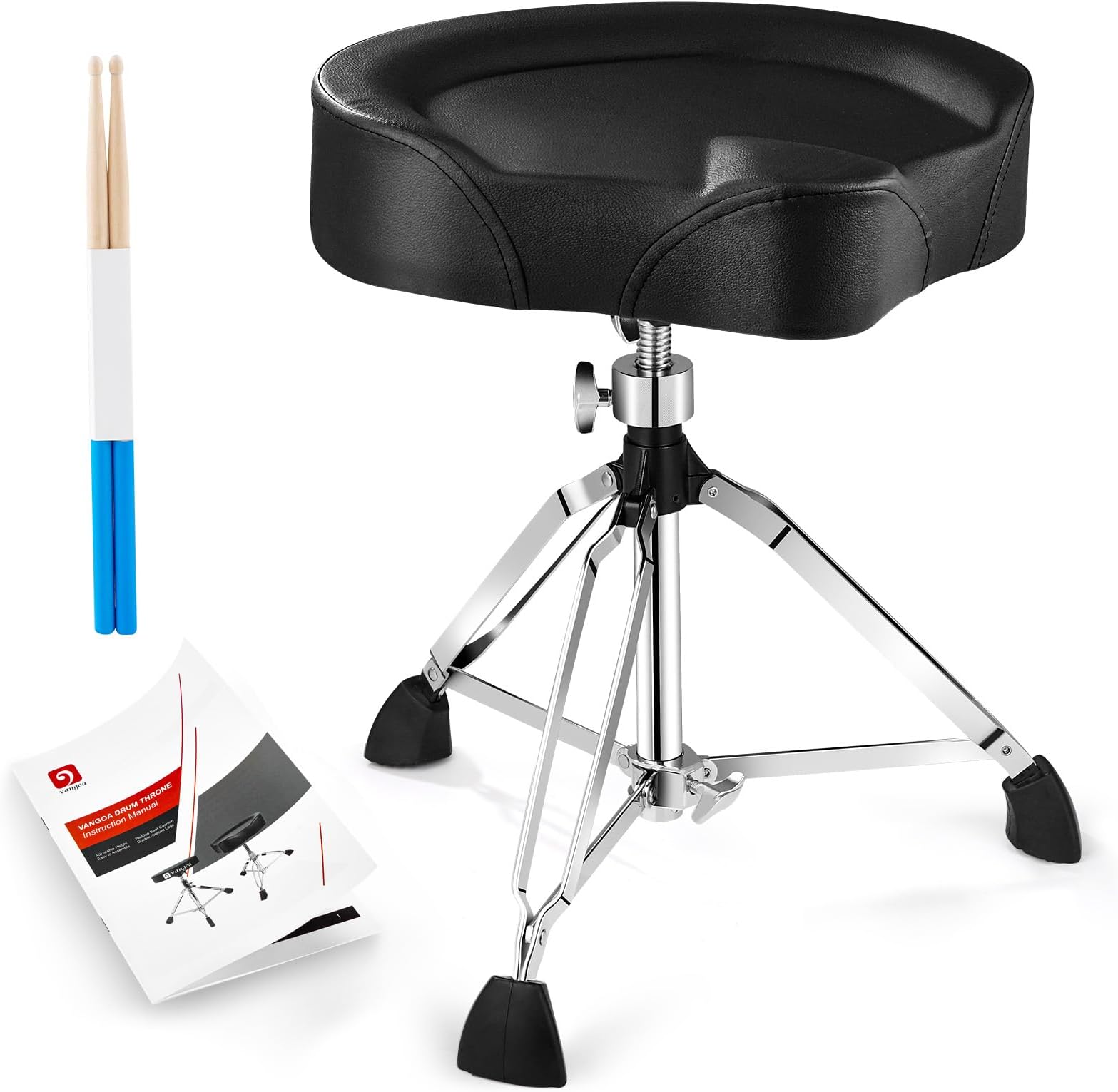 Vangoa Drum Throne Heavy Duty Height Adjustable Motorcycle Style Drum Stool Seat Rotatable Swivel Padded Double-Braced Drummer Chair for Adults with Anti-Slip Feet and 5A Drumsticks