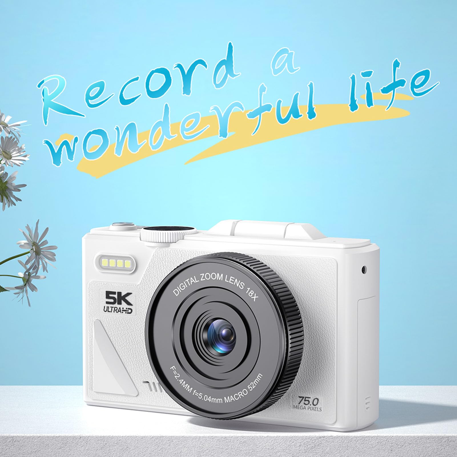 Tangxi Fotocamera Mirrorless 5K, Fotocamera Digitale da 75MP con Zoom Ottico 18X Messa a Fuoco Automatica, per Vlogging con Rilevamento Sorriso Antivibrazioni e Supporto Flip (WHITE)