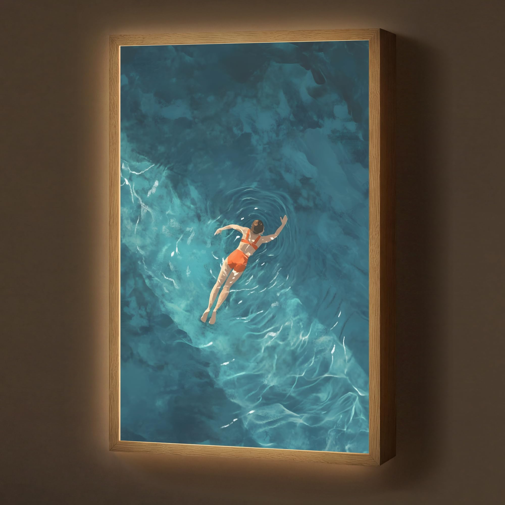 Moderne LED Wandleuchte Innen 40x60 cm Aufladbar Wandbeleuchtung Schlafzimmer Nachtlampe Flach Fernbedienung Warmes Still Licht Dimmbare Lampe Frau - Wasser - Bikini - Orange