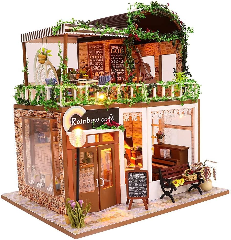Lannso DIY Dollhouse Miniature Wooden Furniture Kit, Doll House Kit with Dust Proof Cover, Mini Handmade Wooden Dollhouse Toys for Adult Gift