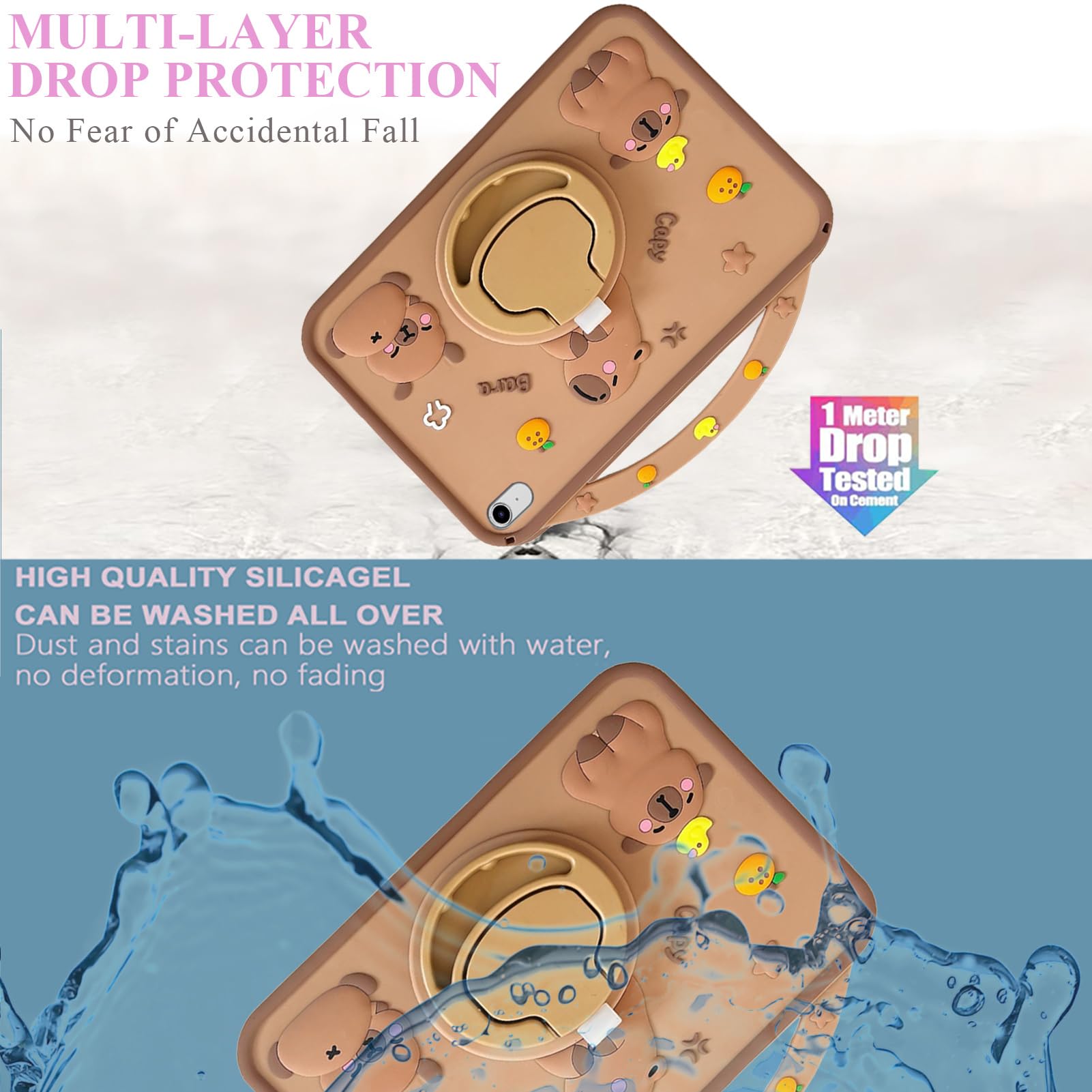 Custodia Bambini Compatibile con iPad (A16) 11a/10a Generazione (2025/2022), Antiurto Silicone Capybara Cover con Portapenna, Supporto per Maniglia, Tracolla