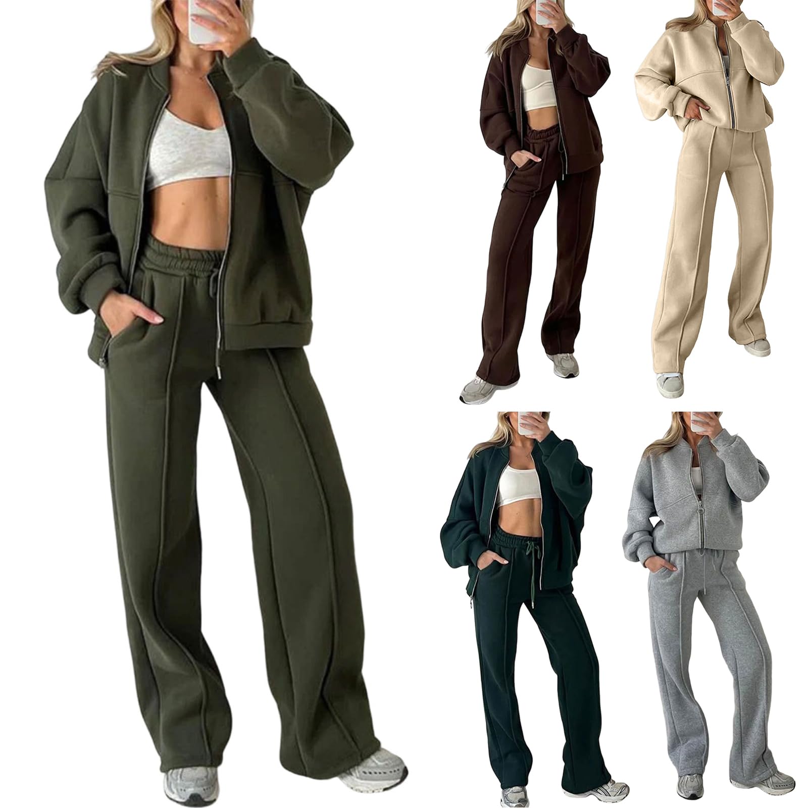 Greabuy Conjunto deportivo de 2 piezas para mujer con capucha y cremallera y pantalones deportivos de pierna ancha, con bolsillos