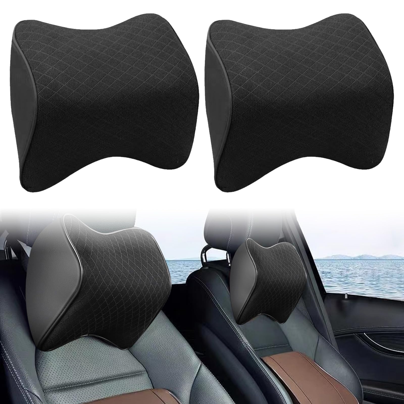 2 Pcs Cojin Reposacabezas Coche Conductor Cojín Cabeza Coche Almohada para Reposacabezas de Coche Soporte de Cabeza y Cuello con Espuma de Memoria y Malla Transpirable para Cuello/Viajar