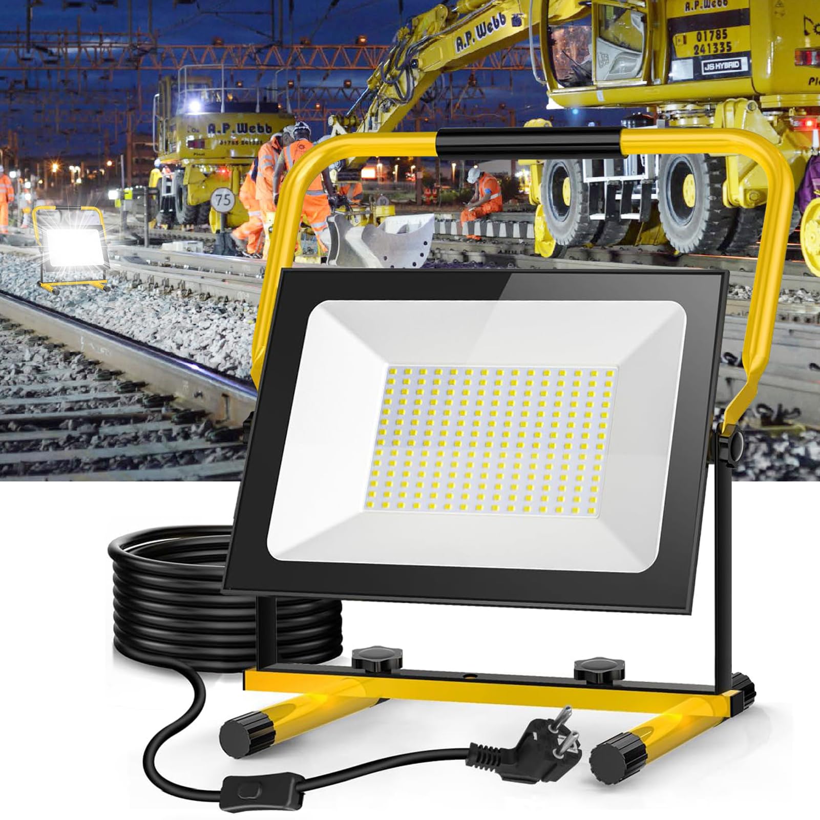 Viugreum Faretto da Cantiere 200W, Portatile LED da Lavoro, 20000LM LED da Cantiere, Impermeabile IP65 Faro LED Esterno con Spina e Staffa Pieghevole, Rotazione 360°, 3m di Filo, Luce Bianca 6500K