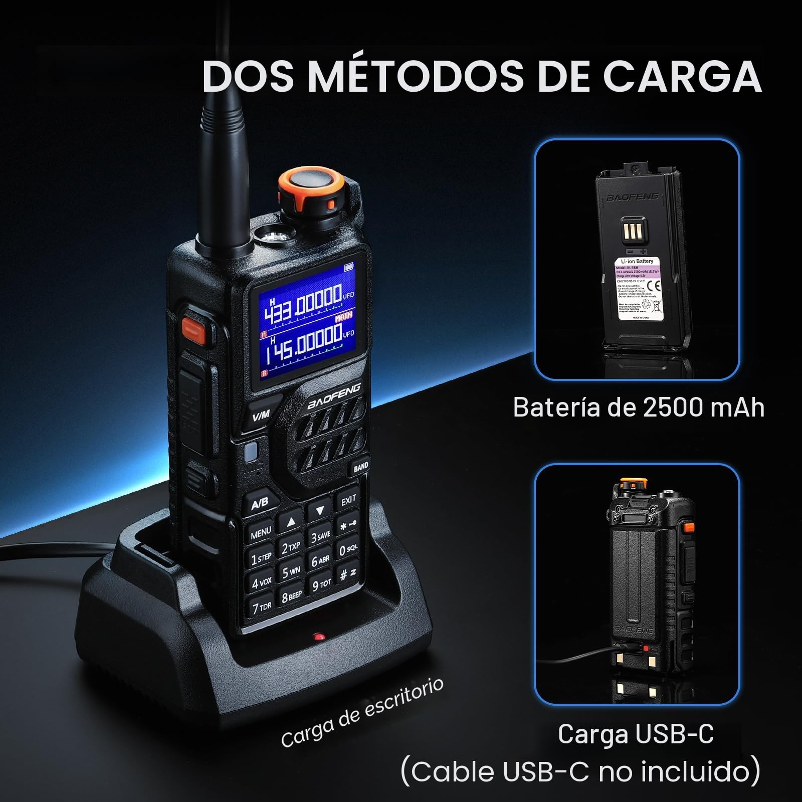 BAOFENG K5PLUS Radio de jamón tribanda de Largo Alcance, UHF VHF 1,25 M, Radio bidireccional portátil de 10W de Triple Potencia con Banda aérea, batería de 2500 mAh, 999 Canales, Copia de frecuencia
