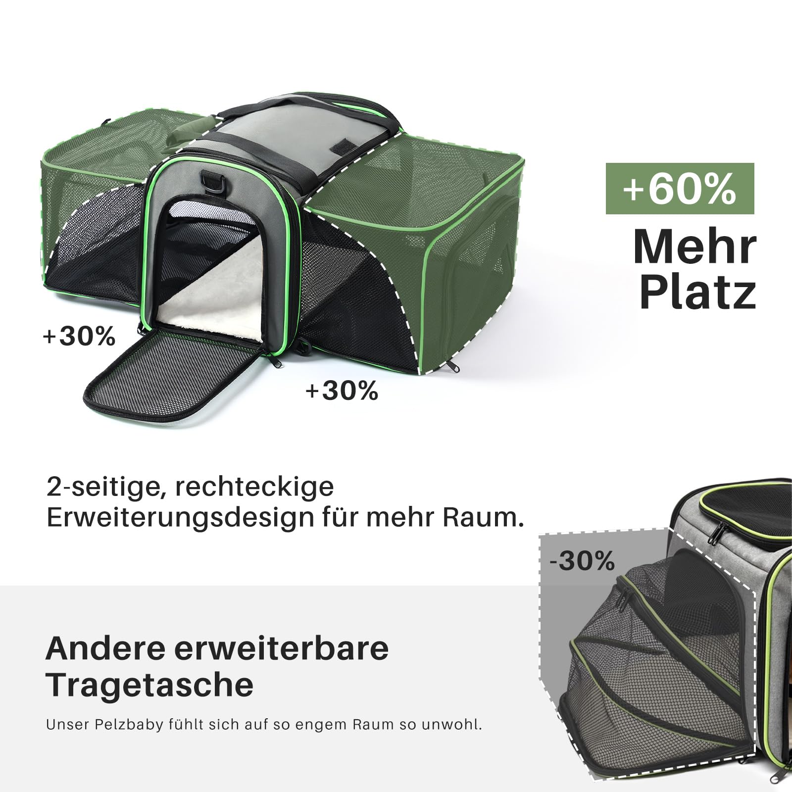 Gardner Pet Katzentransportbox, Haustiertragetasche, Faltbar und Erweiterbar für Katzen und kleine Hunde, atmungsaktive Transporttasche, Haustier-Reisetasche mit Schultergurt, BPA-frei, L