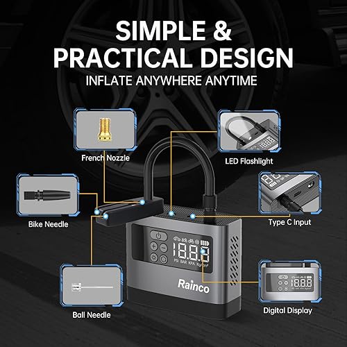 Miniatura 5 de Mini inflador de neumáticos, compresor de aire portátil con luz LED, bomba de aire para bicicleta, mini bomba de neumáticos de coche con manómetro