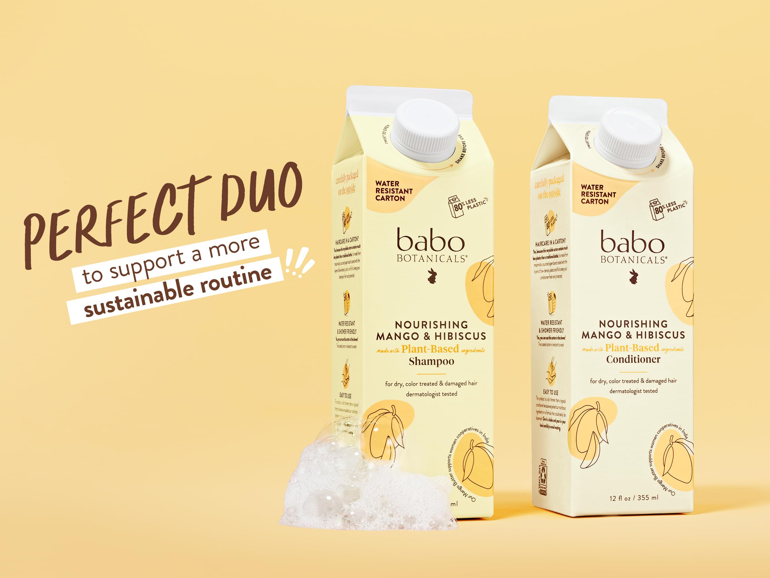 Babo Botanicals Nourishing Mango & Hibiscus Shampoo + Bundle with Conditioner- For Dry, Damaged, Color-Treated Hair – Moisturize & Soften - Passion Fruit Ferment for scalp