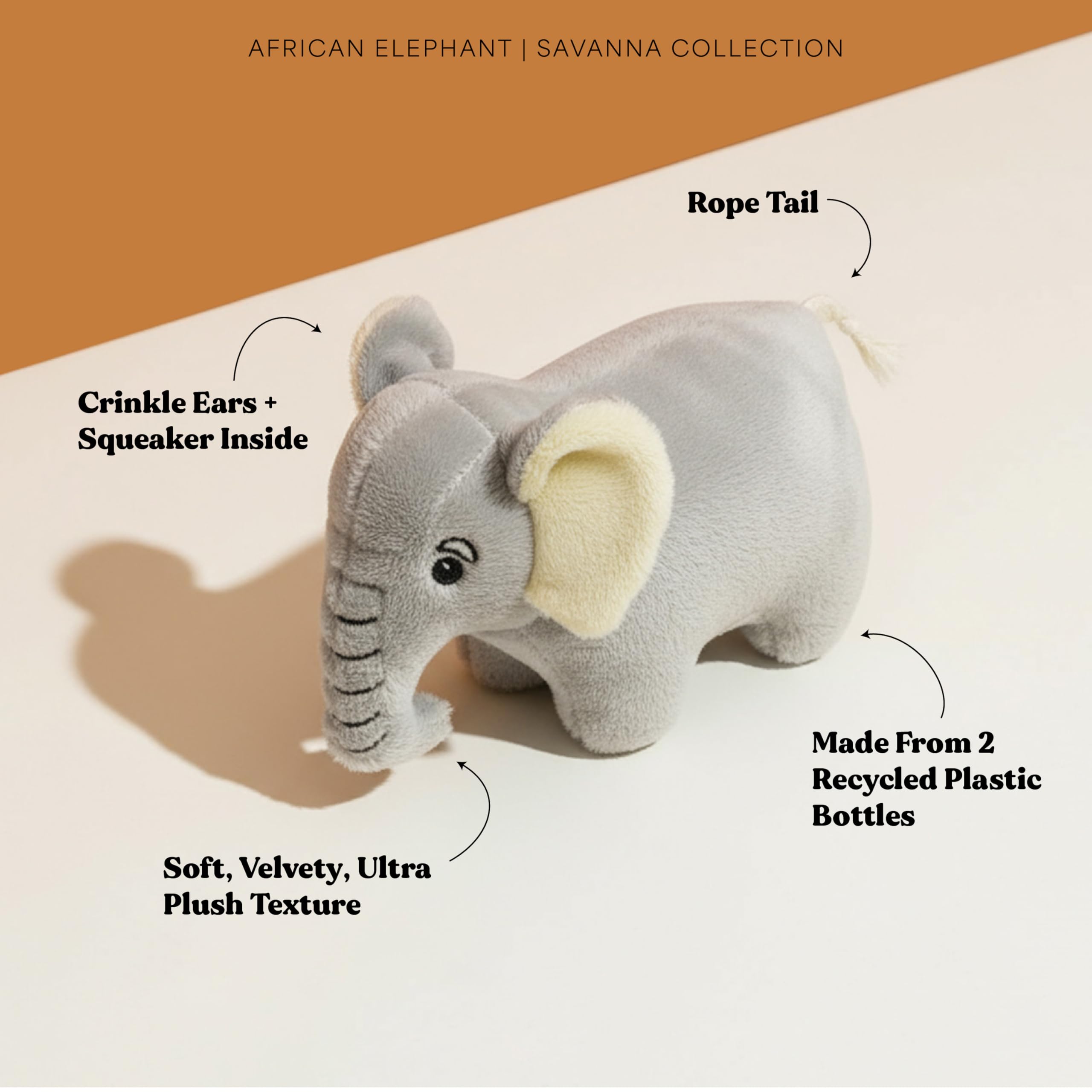 Savannah Collection - Juguetes para perros | Ellie The Elephant de tamaño pequeño | Juguetes masticables de peluche lindos, duraderos y sostenibles para perros | Hecho de materiales ecológicos