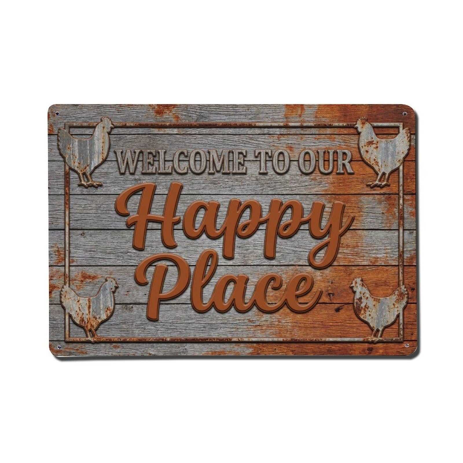 Welcome To Our Happy Place Rustic Farmhouse Metal Tin Sign Plaque Wall Decor for Cafe, Club Bar, Office, Home Garden Metal Poster 8x12Inch