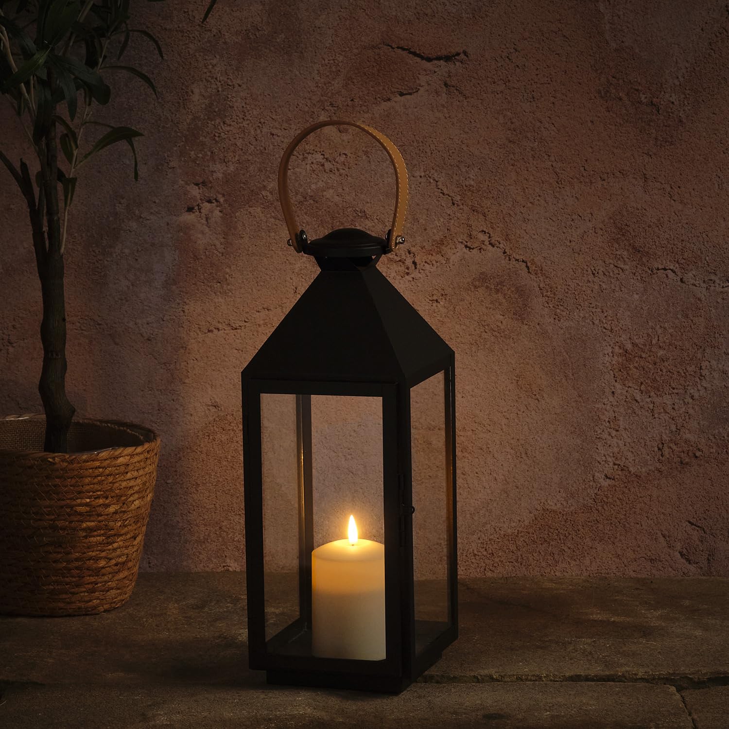 Lights4fun Brixham - Farol con mango de cuero regular con vela TruGlow