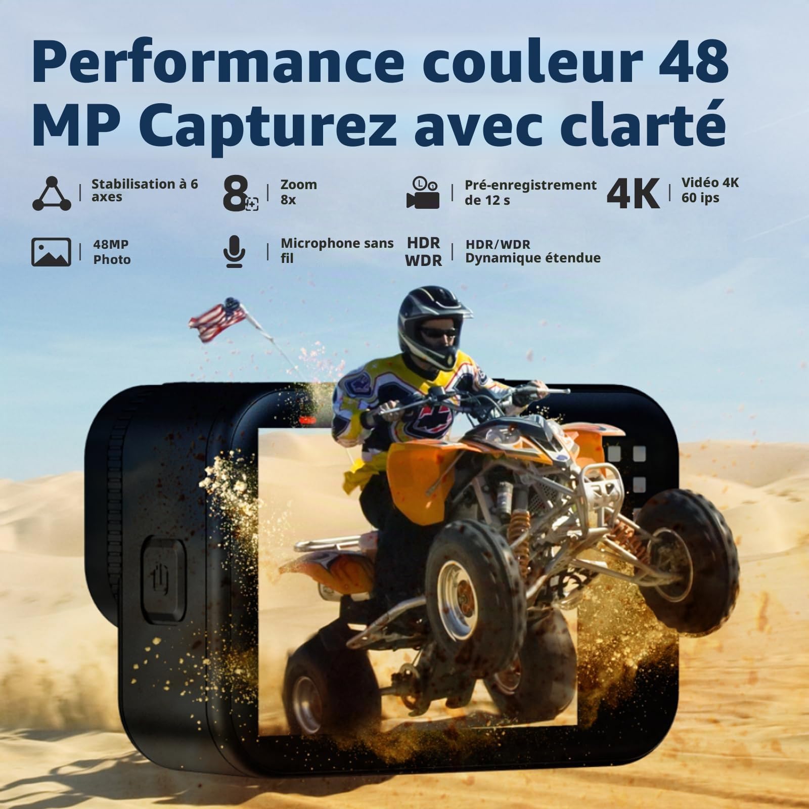4K60fps Caméra d'action sous-marine avec carte SD 64 G Caméra WiFi 48 MP Zoom 8X Caméra de casque avec stabilisation 6 axes Caméra de sport avec 2 batteries de 1350 mAh Kit d'accessoires de support de