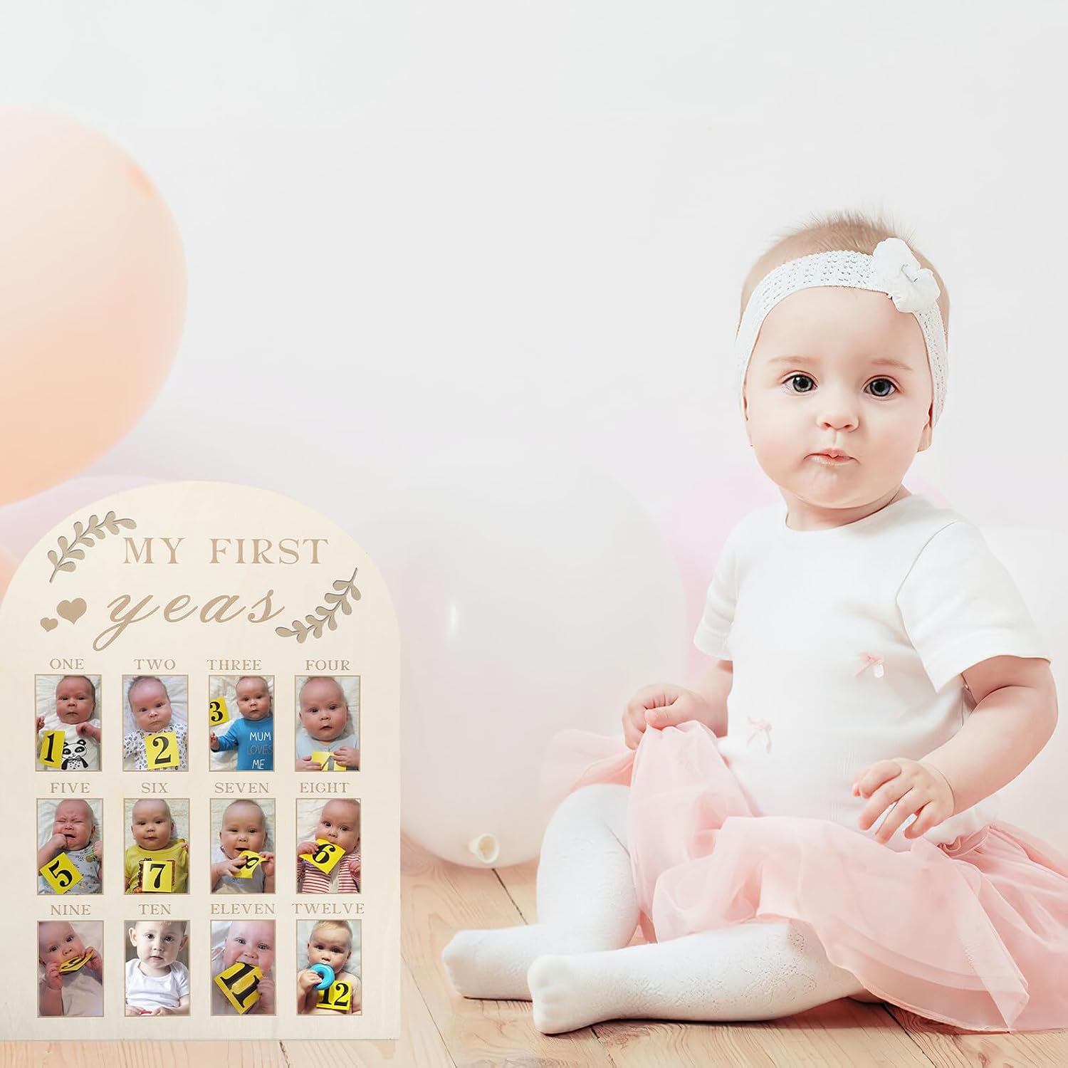 First Year Photo Frame Milestone Board Wooden Newborn Keepsake Picture Frame for Nursery Décor and Memory Display