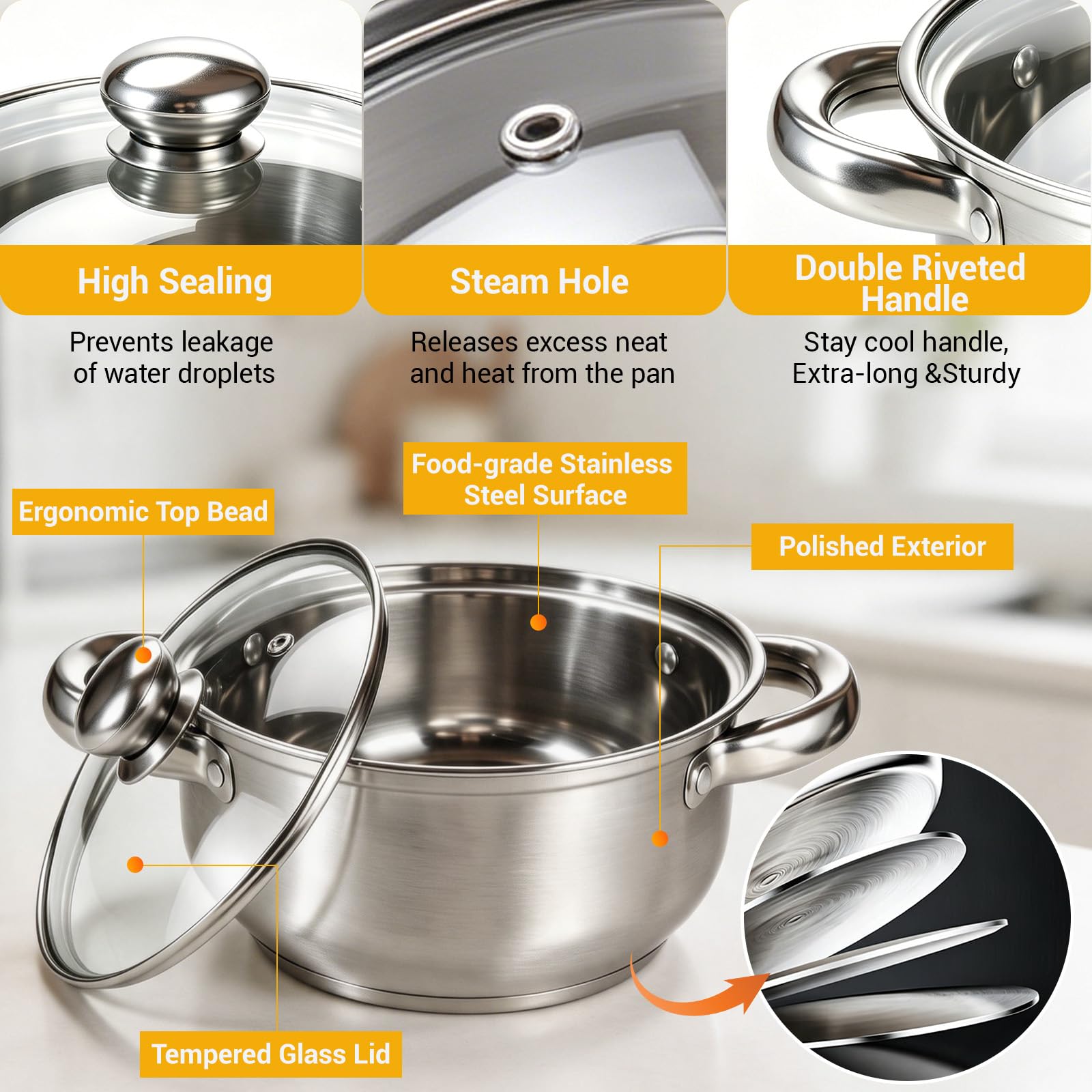 Set 5 Pentole Induzione Acciaio Inox Coperchi Vetro Forno Lavastov | Compatibile Tutti Piani Cottura, Coperchi Vetro Trasparenti, Manici Ergonomici Antiscottatura, Distribuzione Calore Uniforme