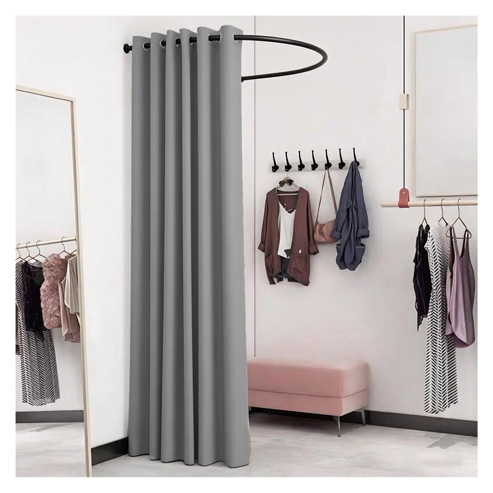 ZJKXJH U Shaped Fitting Room Curtain Rod with Blackout Curtain, Wall-mounted Changing Curtains for Small Spaces, Privacy Partition for Room Divider(Black Rod+Gray Curtain,110cm/43.3in)