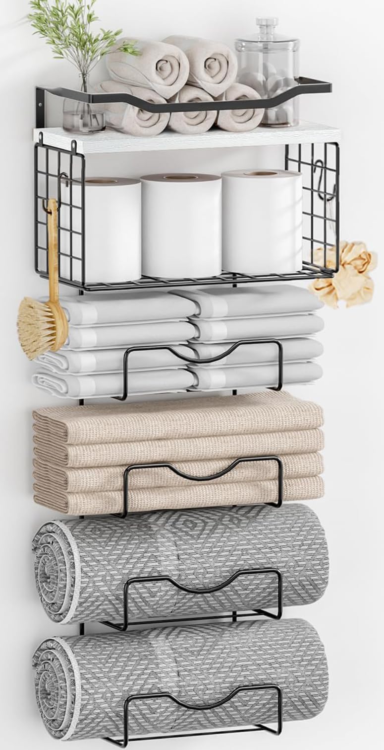 Towel Racks for Bathroom,Towel Rack Wall Mounted, 6 Tier Rolled Or Folded Towel Holder with Floating Shelves, Bathroom Towel Holder for Bath, Hand Towels,Metal,White Wood Panel