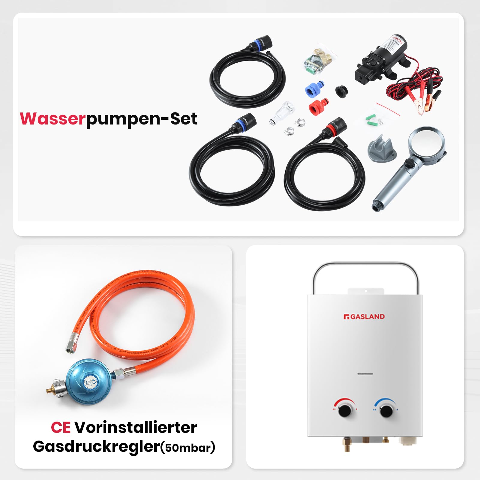 GASLAND AS132 Pro-DE Tragbarer Gas-Durchlauferhitzer, 50mbar(Butan oder Propan), 5L lpg Gas-Wassererhitzer mit Wasserpumpe und Rohrsieb für RV Camping Dusche Waschen Pferd