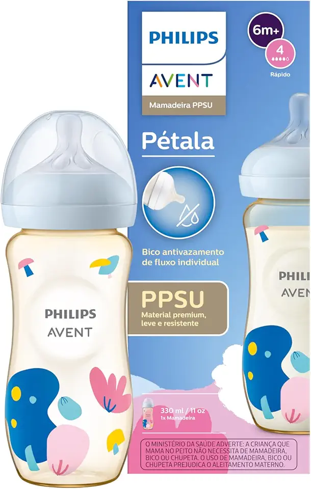 Mamadeira Philips Avent Pétala PPSU 330 ml bico 6m+ número 4 antivazamento de fluxo individual