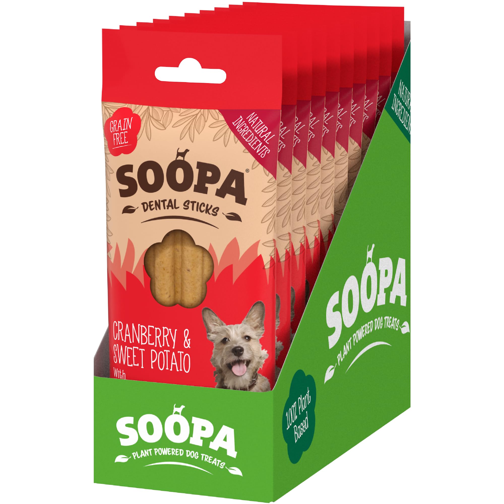 Soopa Cranberry & Sweet Potato Dental Sticks, Vegan, Human-Grade Dog Chews to Clean Teeth, Breath Freshener, Aid Digestion, Natural, Superfood, Vegan, Healthy, Grain Free Dog Treats, 100 g, 10-Pack