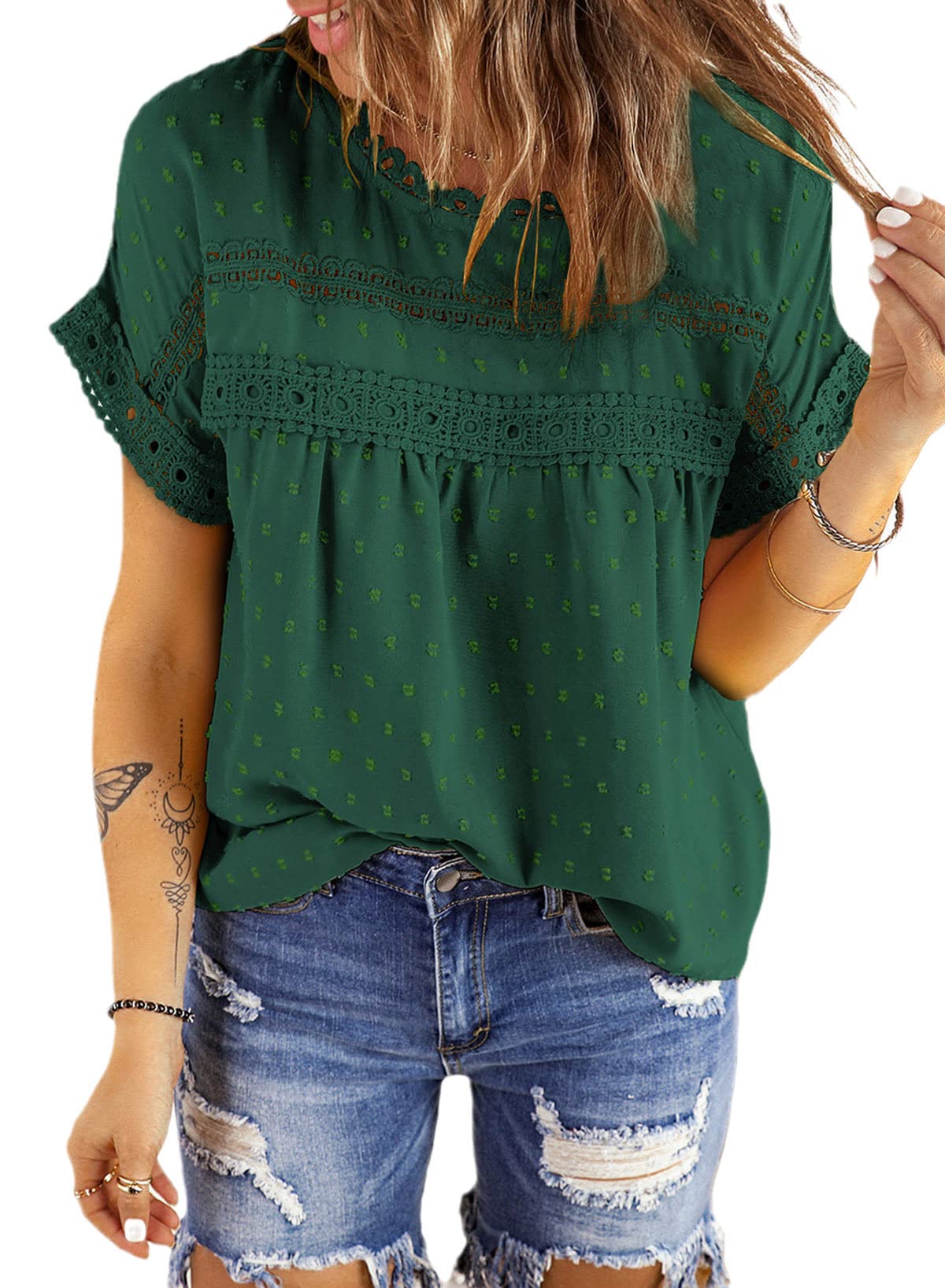 DokotooWomens Summer Tops Crewneck Lace Crochet Short Sleeve Shirts Casual Chiffon Blouses