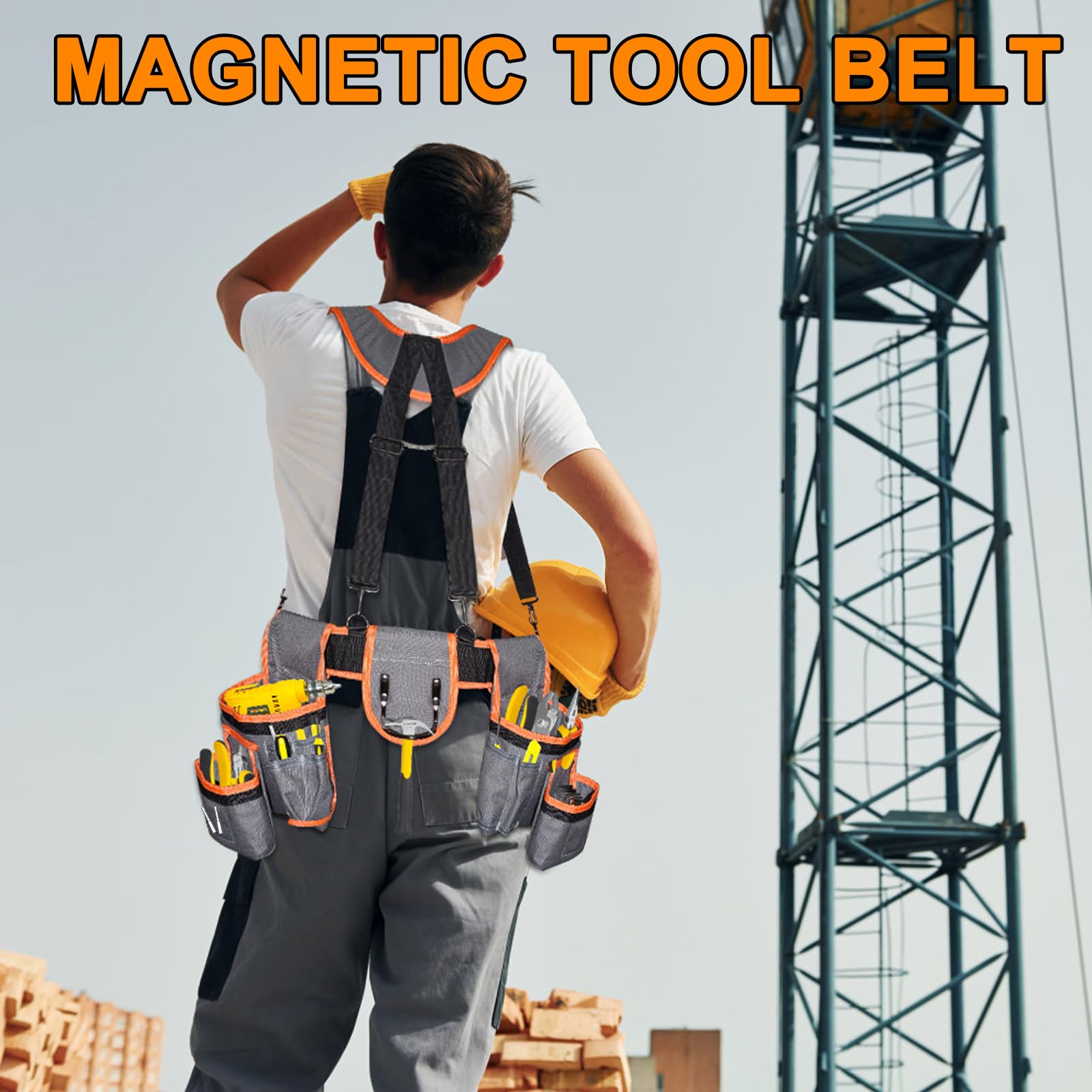 Cintura porta attrezzi da uomo con funzione magnetica, grande capacità, cintura per attrezzi da falegname, elettricista, con bretelle, borsa per attrezzi da elettricista, con vita regolabile, grigio e